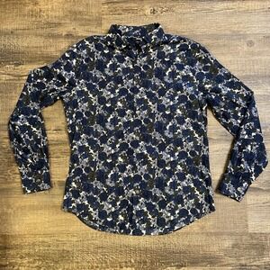 Murano Men's Button Down Long Sleeve Shirt Blue Green Floral Print L Slim‎ Fit